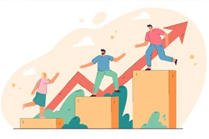 Illustrated people on blocks with an arrow moving upward Start Here