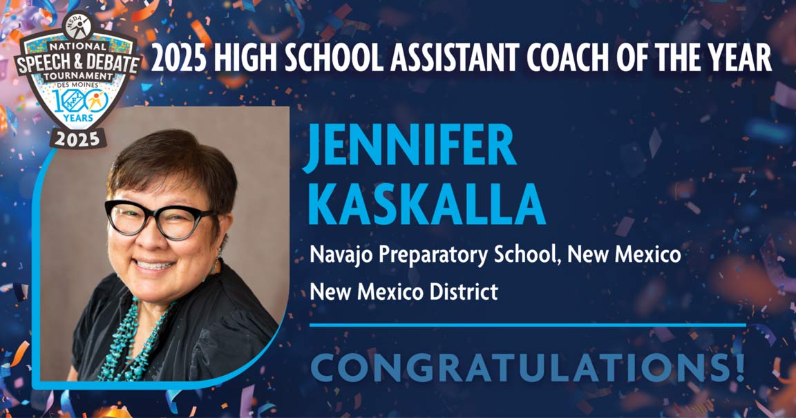 2025 High School Assistant Coach of the Year is Jennifer Kaskalla from Navajo Preparatory School in New Mexico.