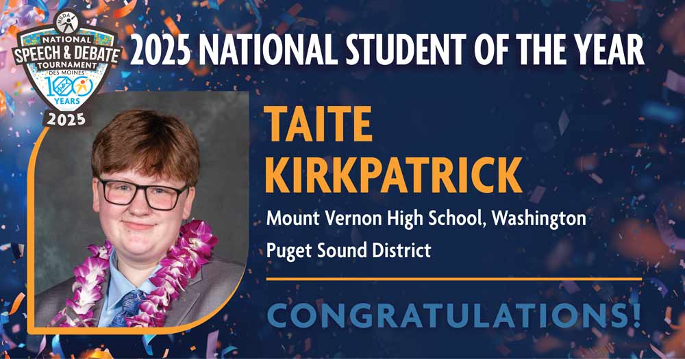 2025 National Student of the Year is Taite Kirkpatrick from Mount Vernon High School in Washington