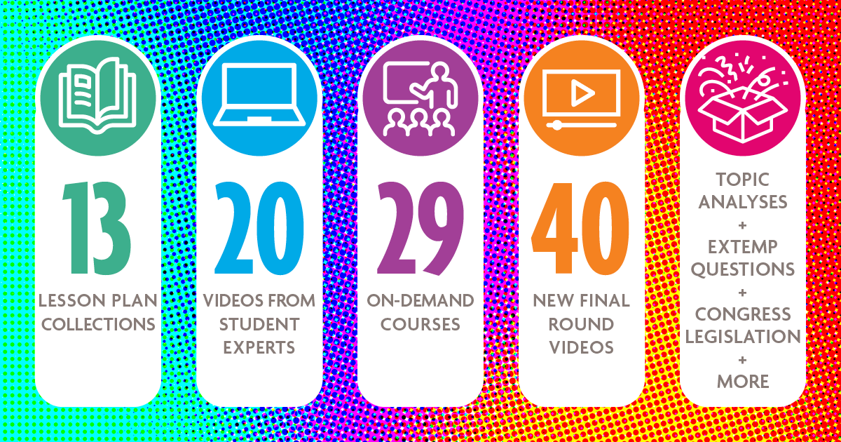 13 Lesson Plan Collections - 20 Videos From Student Experts - 29 On-Demand Courses - 40 New Final Round Videos - Topic Analyses + Extemp Questions + Congress Legislation + More 13 Lesson Plan Collections - 20 Videos From Student Experts - 29 On-Demand Courses - 40 New Final Round Videos - Topic Analyses + Extemp Questions + Congress Legislation + More